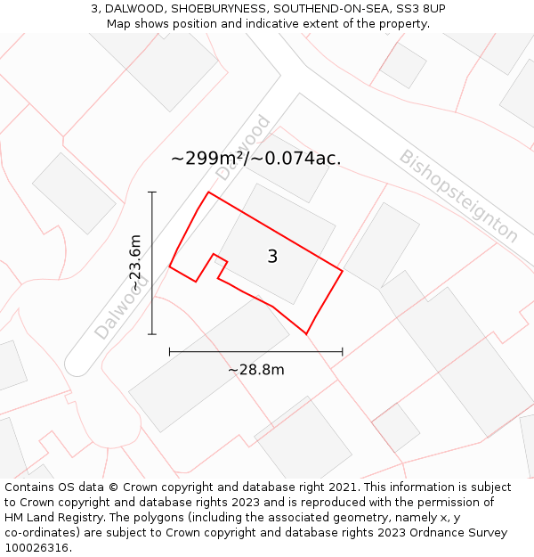 3, DALWOOD, SHOEBURYNESS, SOUTHEND-ON-SEA, SS3 8UP: Plot and title map
