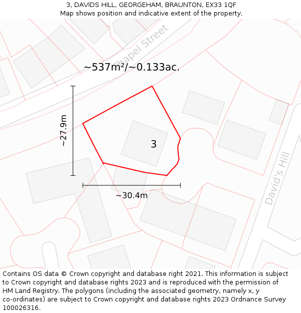 3, DAVIDS HILL, GEORGEHAM, BRAUNTON, EX33 1QF: Plot and title map