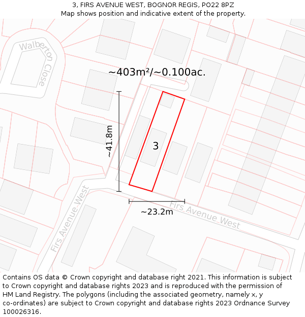 3, FIRS AVENUE WEST, BOGNOR REGIS, PO22 8PZ: Plot and title map