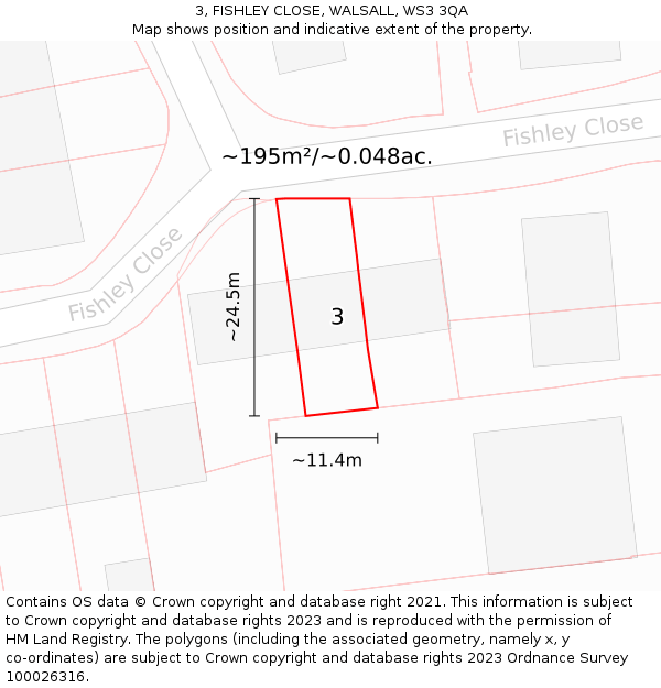 3, FISHLEY CLOSE, WALSALL, WS3 3QA: Plot and title map