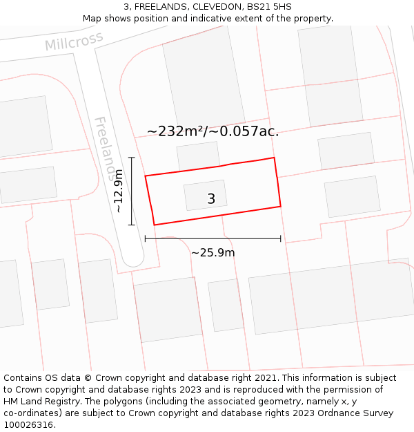 3, FREELANDS, CLEVEDON, BS21 5HS: Plot and title map