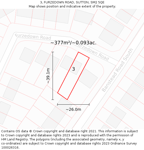 3, FURZEDOWN ROAD, SUTTON, SM2 5QE: Plot and title map