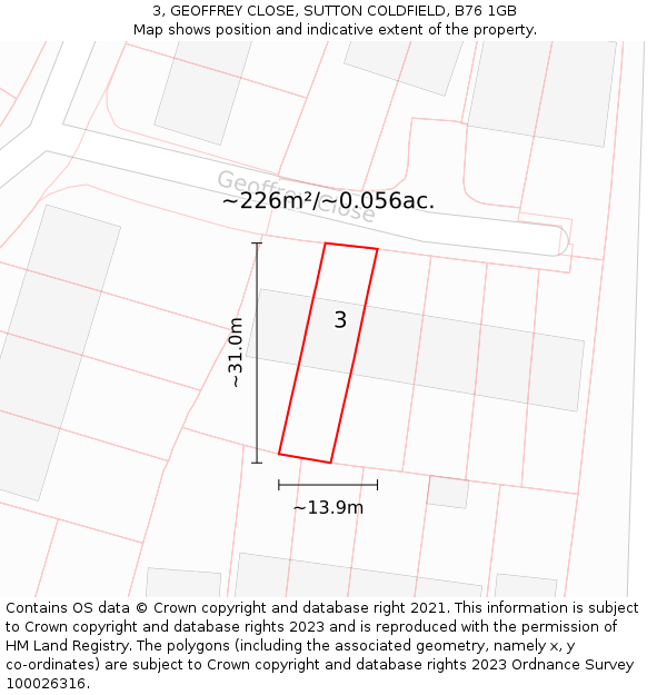 3, GEOFFREY CLOSE, SUTTON COLDFIELD, B76 1GB: Plot and title map