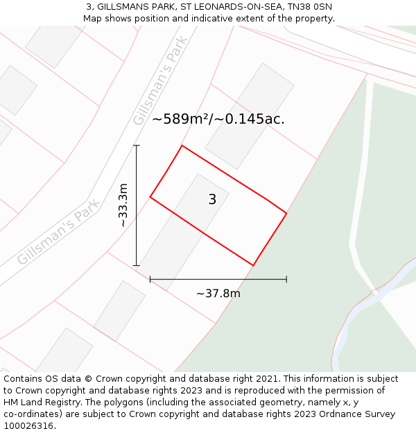 3, GILLSMANS PARK, ST LEONARDS-ON-SEA, TN38 0SN: Plot and title map