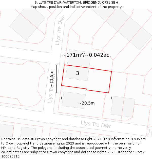3, LLYS TRE DWR, WATERTON, BRIDGEND, CF31 3BH: Plot and title map