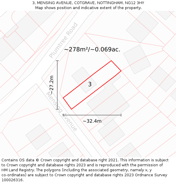 3, MENSING AVENUE, COTGRAVE, NOTTINGHAM, NG12 3HY: Plot and title map