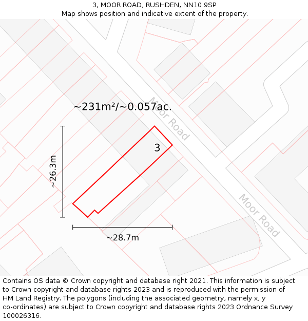 3, MOOR ROAD, RUSHDEN, NN10 9SP: Plot and title map