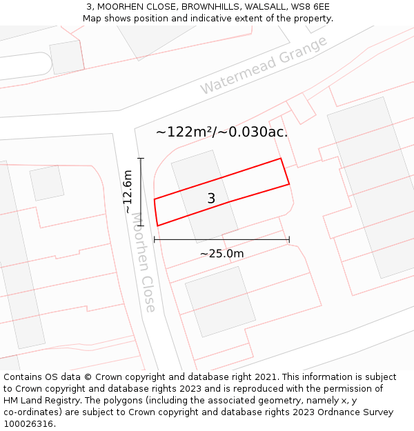 3, MOORHEN CLOSE, BROWNHILLS, WALSALL, WS8 6EE: Plot and title map