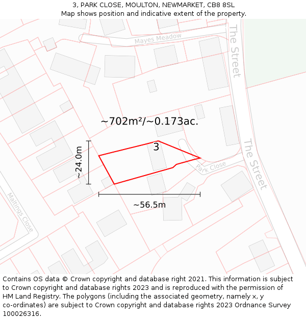 3, PARK CLOSE, MOULTON, NEWMARKET, CB8 8SL: Plot and title map