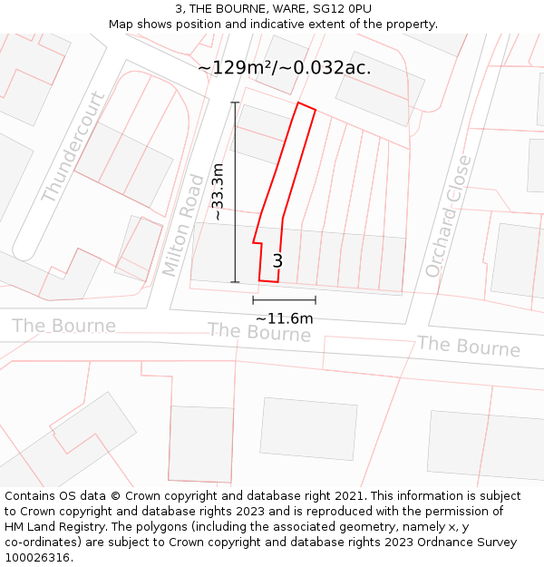 3, THE BOURNE, WARE, SG12 0PU: Plot and title map