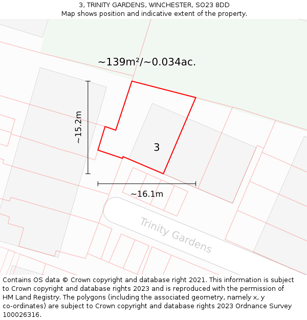 3, TRINITY GARDENS, WINCHESTER, SO23 8DD: Plot and title map