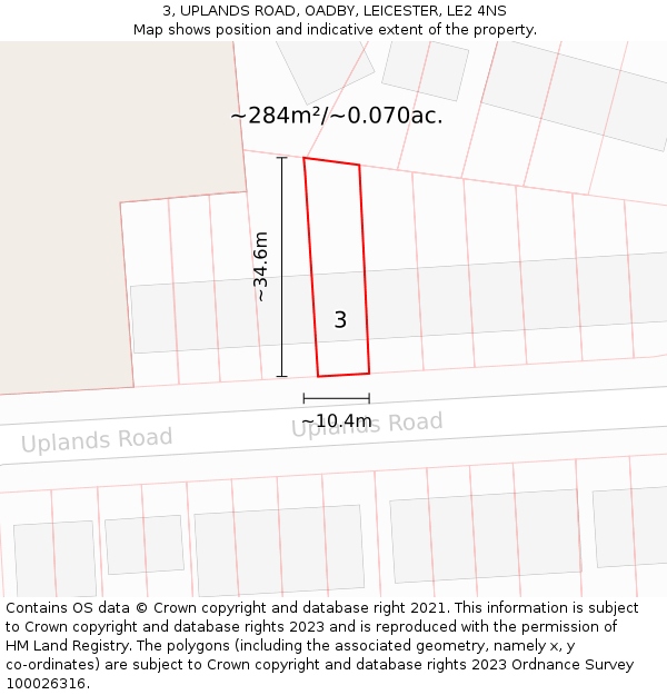 3, UPLANDS ROAD, OADBY, LEICESTER, LE2 4NS: Plot and title map