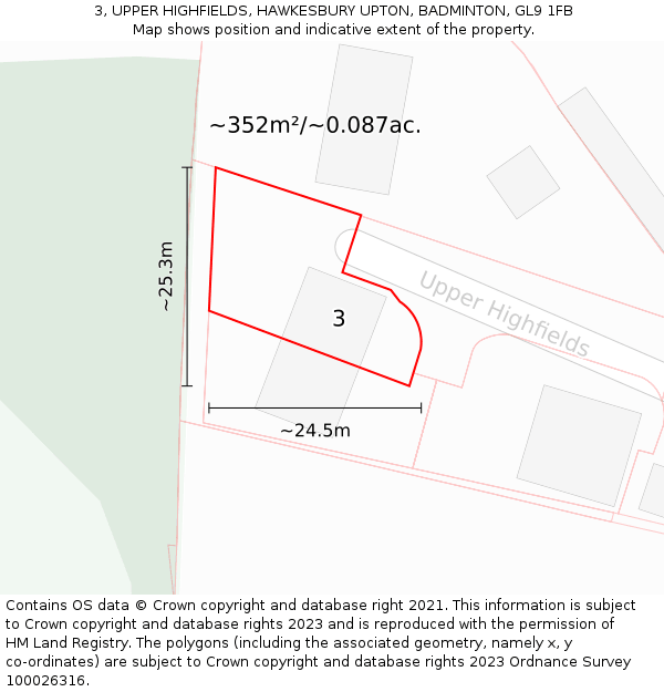 3, UPPER HIGHFIELDS, HAWKESBURY UPTON, BADMINTON, GL9 1FB: Plot and title map