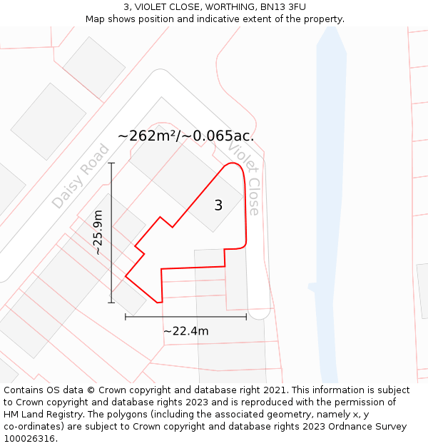 3, VIOLET CLOSE, WORTHING, BN13 3FU: Plot and title map