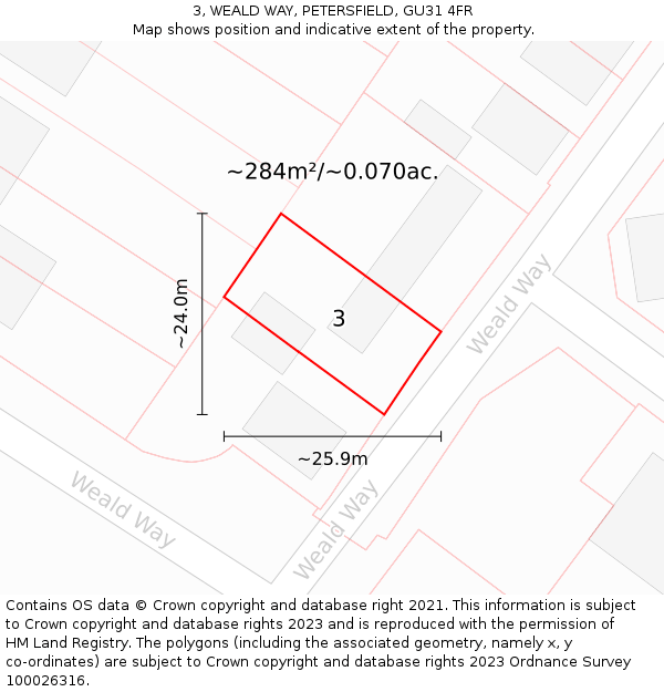 3, WEALD WAY, PETERSFIELD, GU31 4FR: Plot and title map
