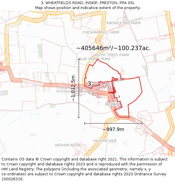 3, WHEATFIELDS ROAD, INSKIP, PRESTON, PR4 0SL: Plot and title map