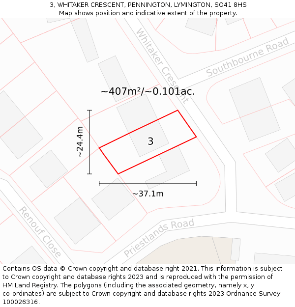 3, WHITAKER CRESCENT, PENNINGTON, LYMINGTON, SO41 8HS: Plot and title map