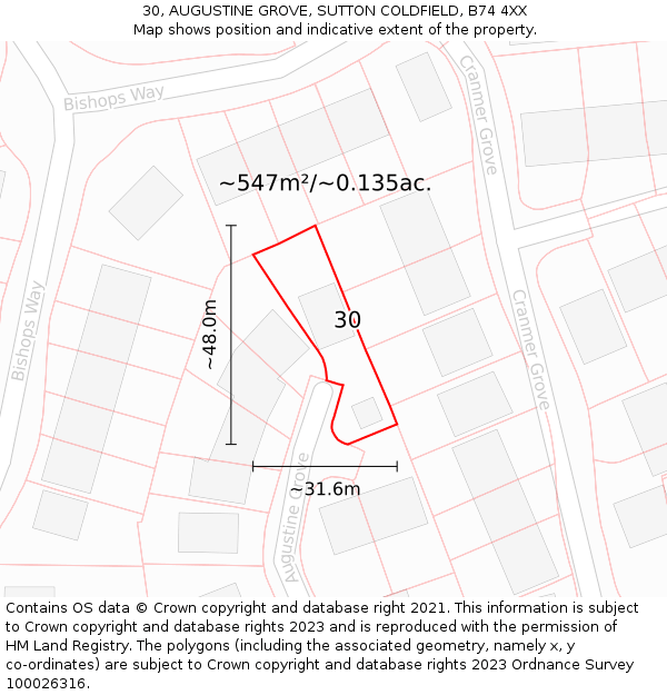 30, AUGUSTINE GROVE, SUTTON COLDFIELD, B74 4XX: Plot and title map
