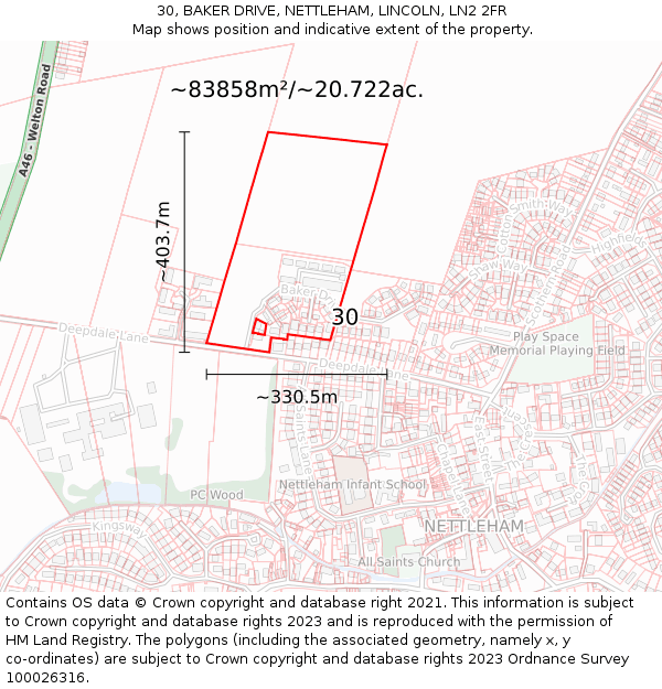 30, BAKER DRIVE, NETTLEHAM, LINCOLN, LN2 2FR: Plot and title map