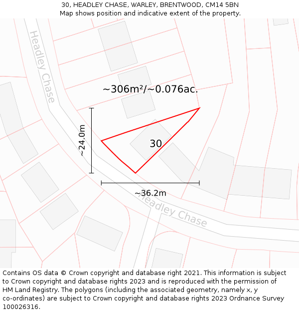 30, HEADLEY CHASE, WARLEY, BRENTWOOD, CM14 5BN: Plot and title map