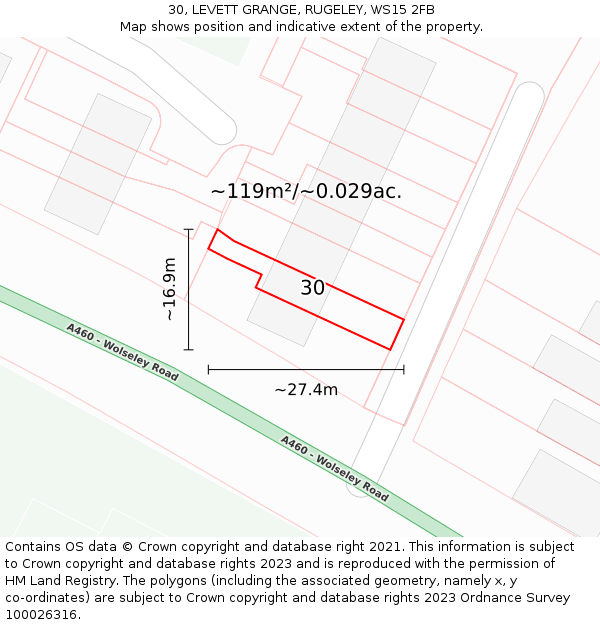 30, LEVETT GRANGE, RUGELEY, WS15 2FB: Plot and title map