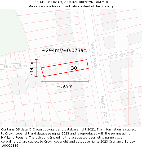 30, MELLOR ROAD, KIRKHAM, PRESTON, PR4 2HP: Plot and title map