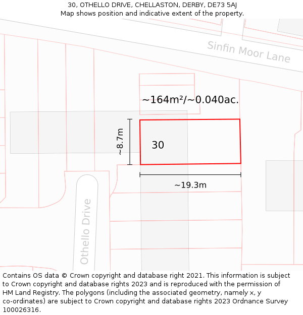 30, OTHELLO DRIVE, CHELLASTON, DERBY, DE73 5AJ: Plot and title map