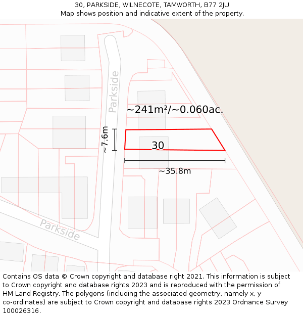 30, PARKSIDE, WILNECOTE, TAMWORTH, B77 2JU: Plot and title map