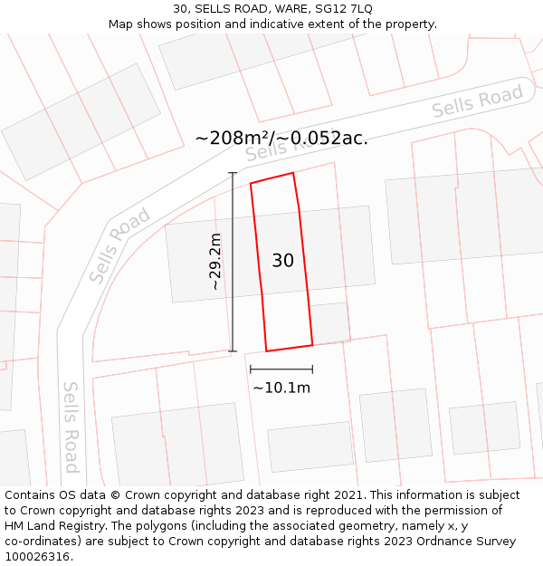 30, SELLS ROAD, WARE, SG12 7LQ: Plot and title map