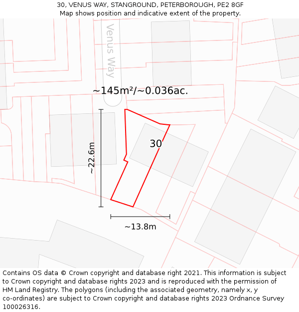 30, VENUS WAY, STANGROUND, PETERBOROUGH, PE2 8GF: Plot and title map