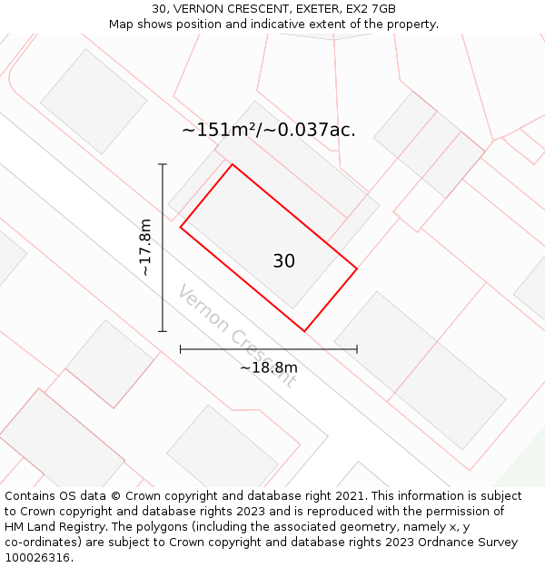 30, VERNON CRESCENT, EXETER, EX2 7GB: Plot and title map