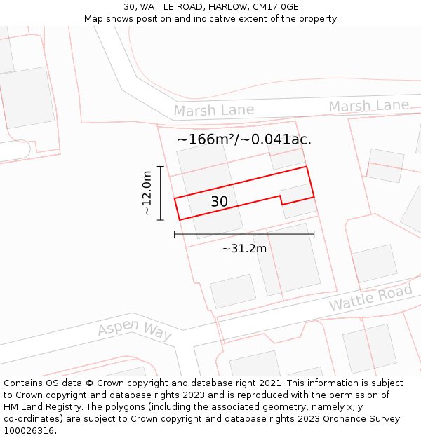 30, WATTLE ROAD, HARLOW, CM17 0GE: Plot and title map
