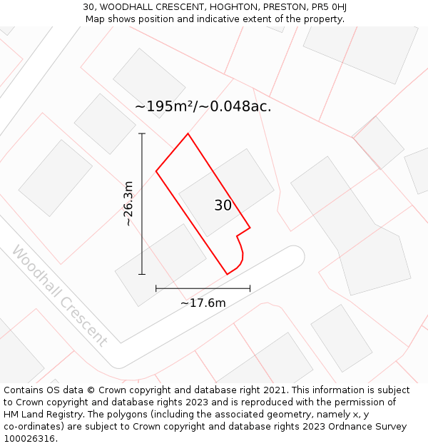 30, WOODHALL CRESCENT, HOGHTON, PRESTON, PR5 0HJ: Plot and title map