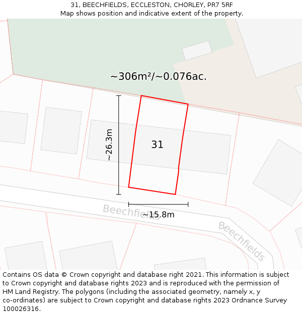 31, BEECHFIELDS, ECCLESTON, CHORLEY, PR7 5RF: Plot and title map