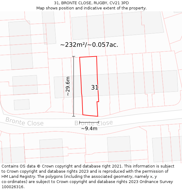 31, BRONTE CLOSE, RUGBY, CV21 3PD: Plot and title map