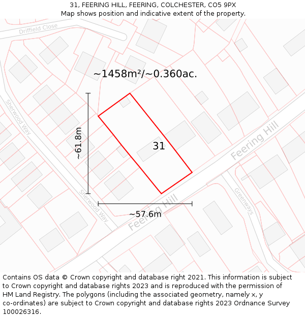 31, FEERING HILL, FEERING, COLCHESTER, CO5 9PX: Plot and title map