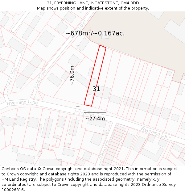 31, FRYERNING LANE, INGATESTONE, CM4 0DD: Plot and title map