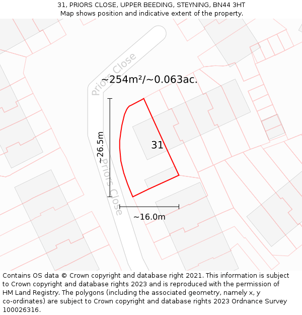 31, PRIORS CLOSE, UPPER BEEDING, STEYNING, BN44 3HT: Plot and title map