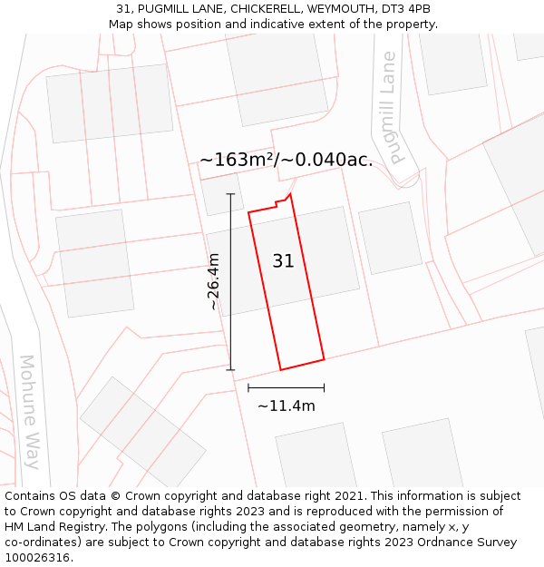 31, PUGMILL LANE, CHICKERELL, WEYMOUTH, DT3 4PB: Plot and title map