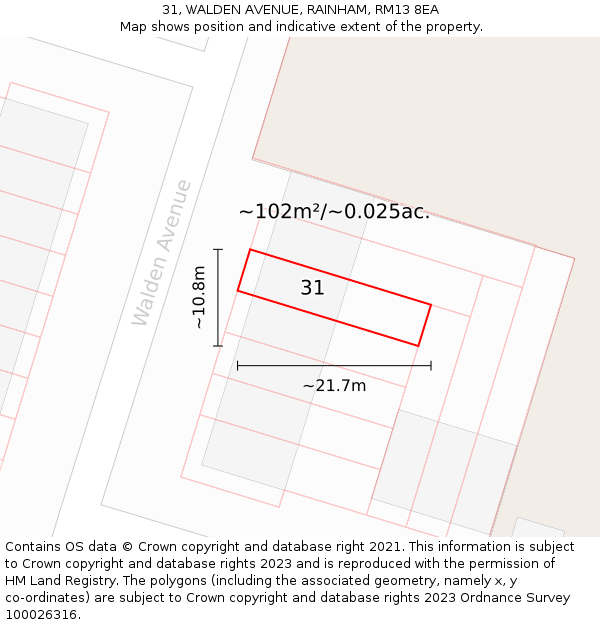 31, WALDEN AVENUE, RAINHAM, RM13 8EA: Plot and title map