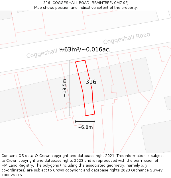316, COGGESHALL ROAD, BRAINTREE, CM7 9EJ: Plot and title map