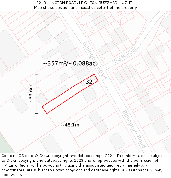 32, BILLINGTON ROAD, LEIGHTON BUZZARD, LU7 4TH: Plot and title map