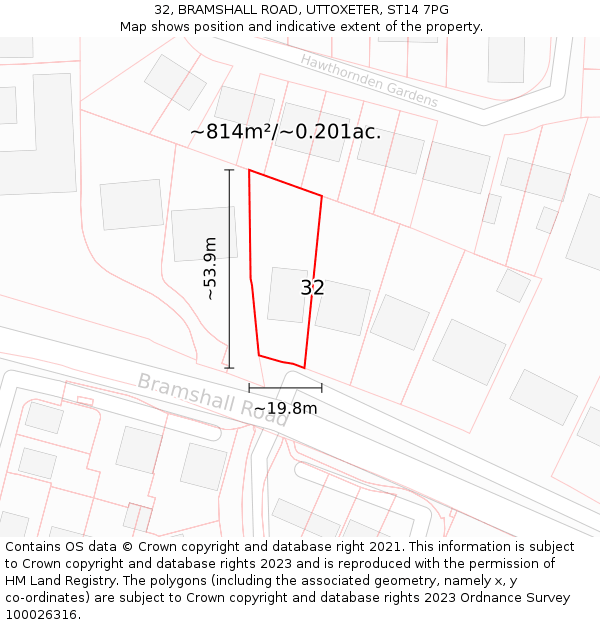 32, BRAMSHALL ROAD, UTTOXETER, ST14 7PG: Plot and title map