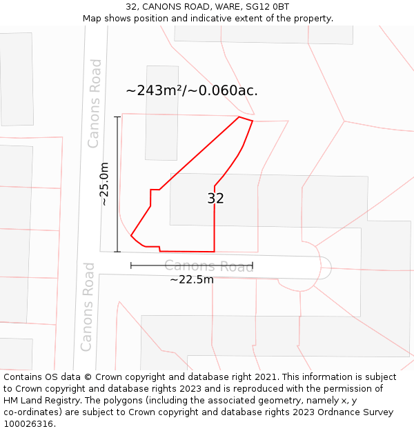 32, CANONS ROAD, WARE, SG12 0BT: Plot and title map