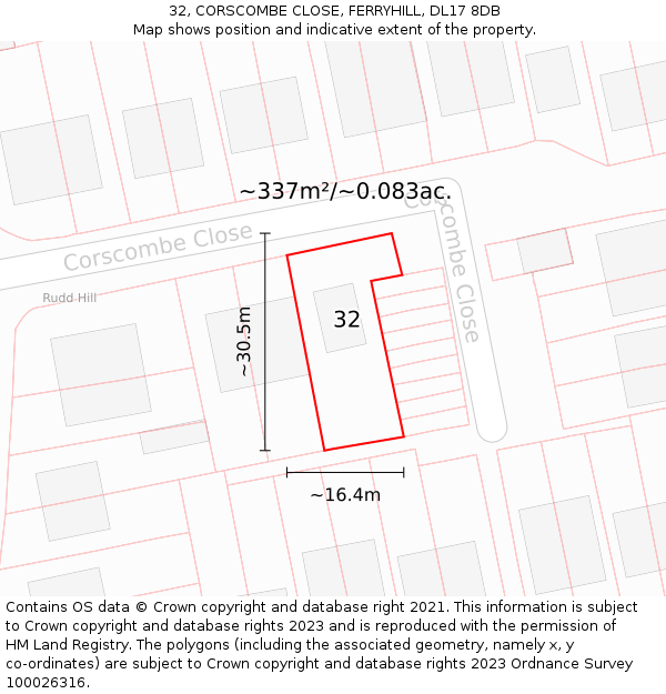 32, CORSCOMBE CLOSE, FERRYHILL, DL17 8DB: Plot and title map
