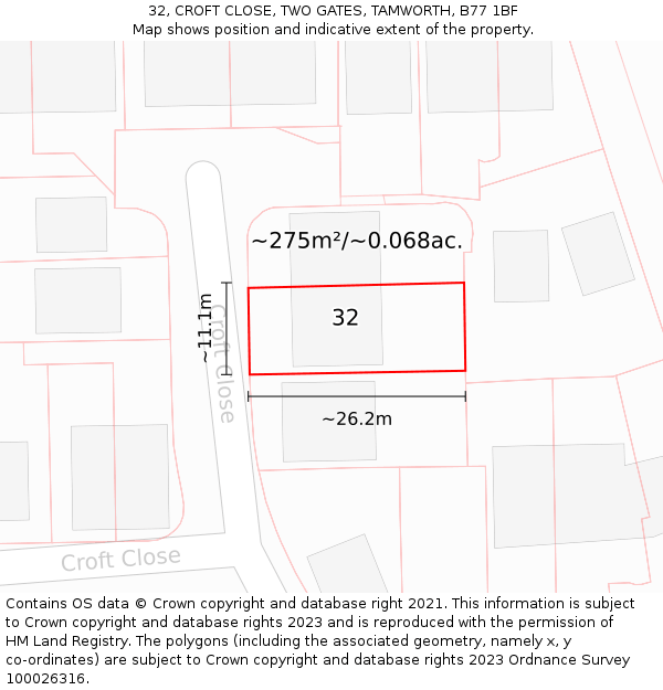 32, CROFT CLOSE, TWO GATES, TAMWORTH, B77 1BF: Plot and title map
