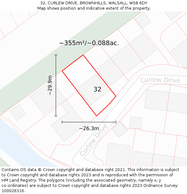 32, CURLEW DRIVE, BROWNHILLS, WALSALL, WS8 6DY: Plot and title map