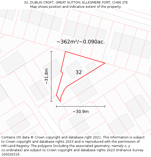 32, DUBLIN CROFT, GREAT SUTTON, ELLESMERE PORT, CH66 2TE: Plot and title map