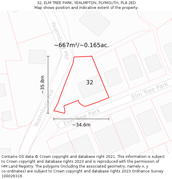 32, ELM TREE PARK, YEALMPTON, PLYMOUTH, PL8 2ED: Plot and title map