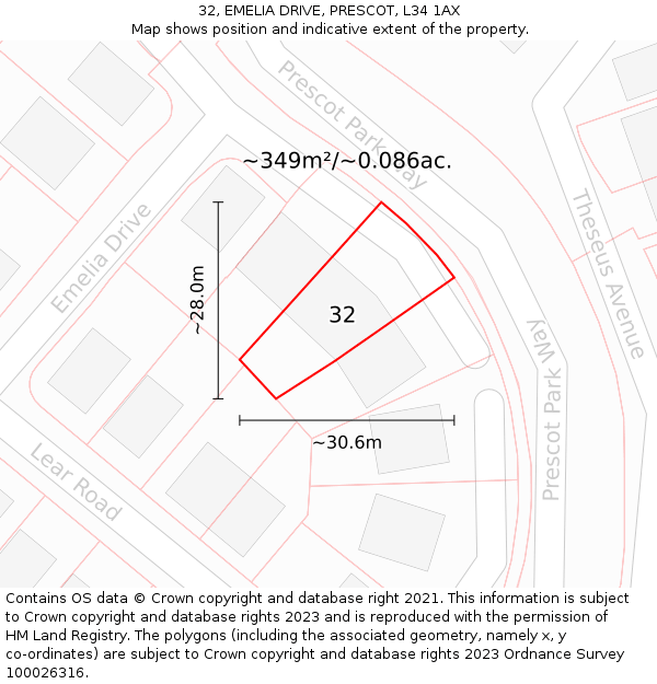 32, EMELIA DRIVE, PRESCOT, L34 1AX: Plot and title map